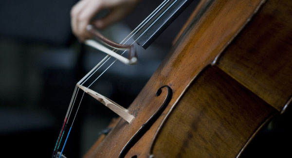 Person holding bow and playing cello